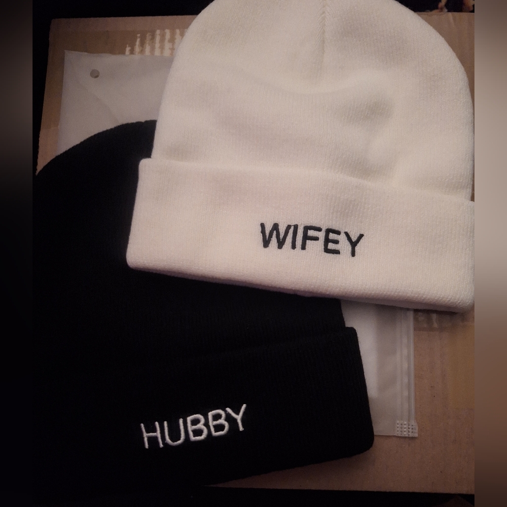 GroomBride Gifts Black Hubby Beanie And Ivory Wifey Beanie Embroidered